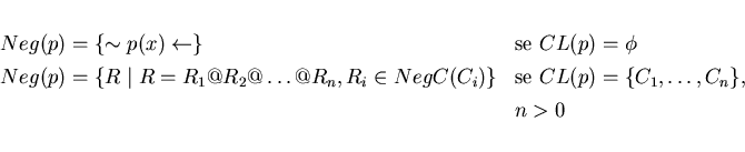 \begin{displaymath}\begin{array}{ll}
\par Neg(p) = \{ \sim p(x) \leftarrow \} & ...
...) = \{ C_{1}, \ldots, C_{n} \}, \\
\; & n > 0
\par\end{array} \end{displaymath}