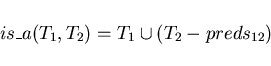 \begin{displaymath}is\_a(T_{1},T_{2}) = T_{1} \cup (T_{2}-preds_{12}) \end{displaymath}